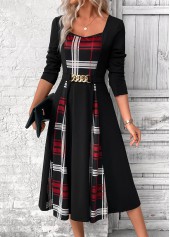 Plaid Patchwork Belted Black Long Sleeve Square Neck Dress