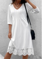 Patchwork White A Line 3/4 Sleeve V Neck Dress