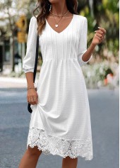 Patchwork White A Line 3/4 Sleeve V Neck Dress