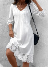 Patchwork White A Line 3/4 Sleeve V Neck Dress