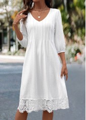 Patchwork White A Line 3/4 Sleeve V Neck Dress