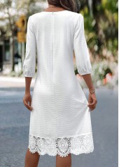 Patchwork White A Line 3/4 Sleeve V Neck Dress