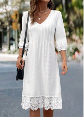 Patchwork White A Line 3/4 Sleeve V Neck Dress