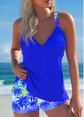 Tropical Plants Print Smocked Royal Blue Tankini Set