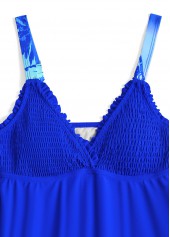 Tropical Plants Print Smocked Royal Blue Tankini Set