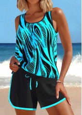 Plus Size Mint Green Geometric Print Patchwork Tankini Set