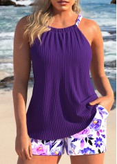 Floral Print Ruched Dark Purple Tankini Set