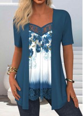 Floral Print Lace Peacock Blue Fake Two Piece Twinset