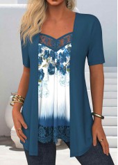 Floral Print Lace Peacock Blue Fake Two Piece Twinset