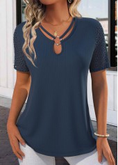 Lace Navy Short Sleeve Tie Collar T Shirt