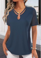 Lace Navy Short Sleeve Tie Collar T Shirt