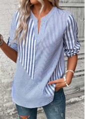 Striped Split Dusty Blue 3/4 Sleeve Blouse