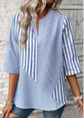 Striped Split Dusty Blue 3/4 Sleeve Blouse