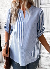 Striped Split Dusty Blue 3/4 Sleeve Blouse