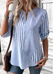 Striped Split Dusty Blue 3/4 Sleeve Blouse