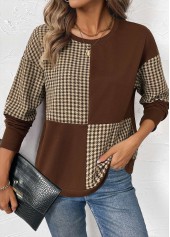 Plaid Patchwork Dark Coffee Long Sleeve Round Neck Sweatshirt