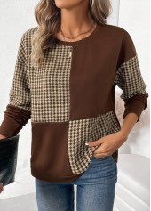 Plaid Patchwork Dark Coffee Long Sleeve Round Neck Sweatshirt