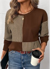 Plaid Patchwork Dark Coffee Long Sleeve Round Neck Sweatshirt