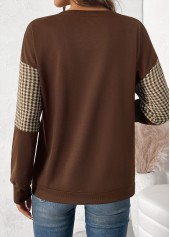 Plaid Patchwork Dark Coffee Long Sleeve Round Neck Sweatshirt