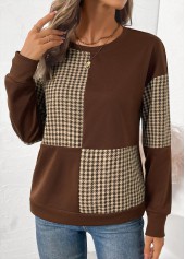 Plaid Patchwork Dark Coffee Long Sleeve Round Neck Sweatshirt