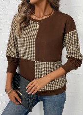 Plaid Patchwork Dark Coffee Long Sleeve Round Neck Sweatshirt