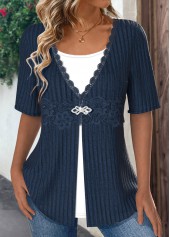 Patchwork Navy Short Sleeve Fake Two Piece Twinset