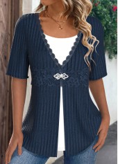 Patchwork Navy Short Sleeve Fake Two Piece Twinset