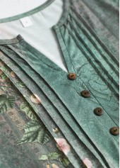 Random Floral Print Tuck Stitch Sage Green T Shirt