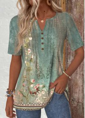 Random Floral Print Tuck Stitch Sage Green T Shirt