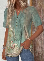 Random Floral Print Tuck Stitch Sage Green T Shirt