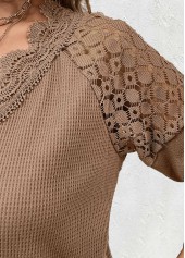 Embroidery Dark Camel Long Sleeve V Neck T Shirt