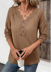 Embroidery Dark Camel Long Sleeve V Neck T Shirt