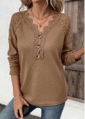 Embroidery Dark Camel Long Sleeve V Neck T Shirt