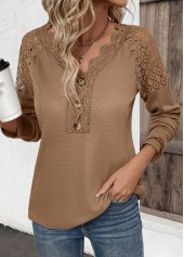 Embroidery Dark Camel Long Sleeve V Neck T Shirt