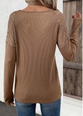 Embroidery Dark Camel Long Sleeve V Neck T Shirt