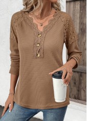 Embroidery Dark Camel Long Sleeve V Neck T Shirt