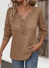 Embroidery Dark Camel Long Sleeve V Neck T Shirt