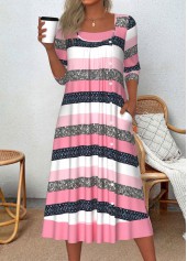 Striped Patchwork Pink A Line 3/4 Sleeve Dress