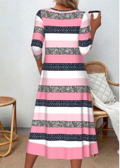 Striped Patchwork Pink A Line 3/4 Sleeve Dress