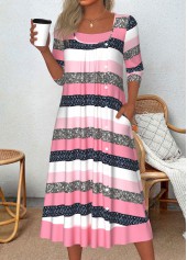 Striped Patchwork Pink A Line 3/4 Sleeve Dress