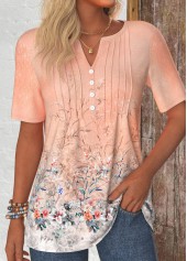Floral Print Button Dusty Pink Short Sleeve T Shirt