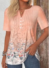 Floral Print Button Dusty Pink Short Sleeve T Shirt