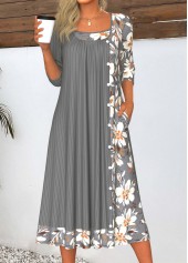 Floral Print Patchwork Dark Grey A Line Dress