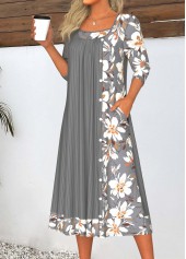 Floral Print Patchwork Dark Grey A Line Dress