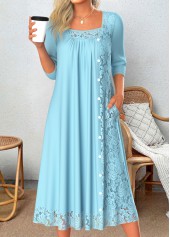 Patchwork Light Blue A Line 3/4 Sleeve Dress