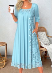 Patchwork Light Blue A Line 3/4 Sleeve Dress