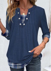 Plaid Patchwork Dark Blue 3/4 Sleeve T Shirt