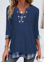 Plaid Patchwork Dark Blue 3/4 Sleeve T Shirt