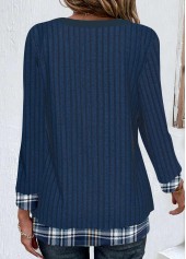 Plaid Patchwork Dark Blue 3/4 Sleeve T Shirt
