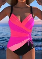 Multi Stripe Print Drawstring Hot Pink One Piece Swimwear